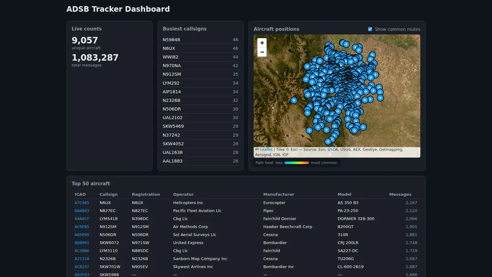 Live ADS-B operations dashboard showing aircraft positions over Denver