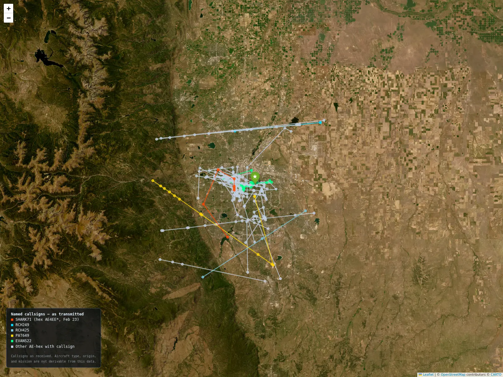 Military aircraft track cluster over Denver metro, color-coded by ICAO identity
